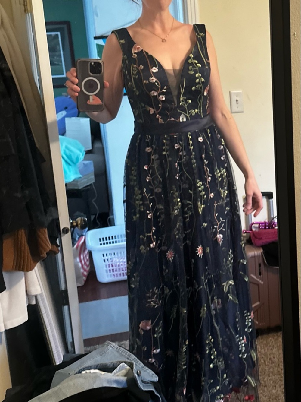 Navy Floral Embroidered Open-Back formal dress
